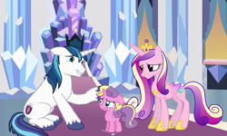 Size: 1600x961 | Tagged: safe, artist:bobthelurker, artist:wesleyabram, princess cadance, princess skyla, shining armor, alicorn, pony, unicorn, g4, comforting, concave belly, crown, crying, crystal empire, family, father and child, father and daughter, female, filly, floppy ears, foal, grin, horn, jewelry, male, mare, mother and child, mother and daughter, regalia, sitting, slender, smiling, stallion, thin, trio