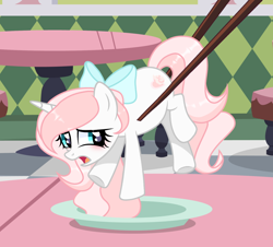 Size: 1170x1058 | Tagged: safe, artist:michiharas, oc, oc only, oc:sweetheart, pony, unicorn, base used, blue bow, blue eyes, blushing, bow, checkered floor, chopsticks, commission, female, female oc, frown, hair accessory, hair bow, horn, indoors, lidded eyes, mane accessory, mare, mare oc, micro, open frown, open mouth, pink mane, pink tail, plate, shiny mane, shiny tail, solo, table, tail, underhoof, unicorn oc, white coat, ych result