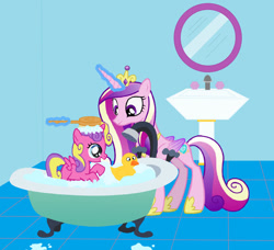 Size: 1024x933 | Tagged: safe, artist:wesleyabram, princess cadance, princess skyla, alicorn, pony, g4, bath, bath time, bathtub, brush, concave belly, cute, duo, duo female, female, filly, foal, glowing, glowing horn, horn, looking at each other, looking at someone, mare, mirror, mother and child, mother and daughter, open mouth, open smile, rubber duck, scrubbing, sink, slender, smiling, smiling at each other, thin