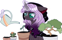 Size: 1280x843 | Tagged: safe, artist:michiharas, oc, oc only, oc:dark omen, pony, unicorn, armor, base used, bonsai, brooch, brown coat, cactus, checkered floor, cheek scar, cloak, clothes, colored eyelashes, colored pinnae, colored pupils, commission, curved horn, ear fluff, eyeshadow, facial scar, female, female oc, floppy ears, glowing, glowing horn, gradient mane, green eyelashes, green eyes, green pupils, hood, horn, indoors, jewelry, looking at something, magic, makeup, mare, mare oc, mouth scar, plant pot, plate, purple eyeshadow, purple magic, purple mane, scar, simple background, sitting, smiling, solo, sprout, table, teal eyes, telekinesis, transparent background, unicorn oc, wall of tags, watering can, wavy mane, ych result