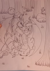 Size: 1836x2627 | Tagged: safe, artist:lullabyjak, spike, oc, oc:rachel, pig, anthro, g4, canon x oc, forest, kissing, nature, traditional art, tree, wip sketch