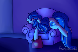 Size: 4500x3000 | Tagged: safe, artist:fannytastical, oc, oc only, oc:snooze button, earth pony, g4, armchair, bag, chair, colored, dark, earth pony oc, eyebrows, eyebrows visible through hair, eyes closed, female, implied sleep deprivation, indoors, long tail, mare, sleeping, solo, striped mane, striped tail, tail, television, unusual sleeping position