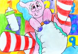 Size: 3127x2187 | Tagged: safe, artist:bitter sweetness, izzy moonbow, pony, unicorn, g5, :t, abdl, adult foal, baby bottle, clothes, diaper, diaper fetish, fetish, horn, looking at you, non-baby in diaper, pink eyes, playmat, poofy diaper, smiling, socks, striped socks, traditional art