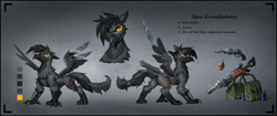 Size: 3845x1608 | Tagged: safe, artist:ramiras, oc, oc only, oc:spar grimfeathers, griffon, fallout equestria, blade, claws, cybernetic eyes, ears back, holster, leather, leather straps, looking at you, prosthetic eye, prosthetics, reference sheet, solo, straps, weapon, wingblade