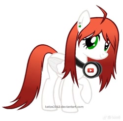 Size: 750x739 | Tagged: safe, artist:katze2012, pegasus, pony, base used, ear piercing, earring, female, green eyes, headphones, jewelry, mare, piercing, ponified, raised hoof, simple background, solo, white background, youtube