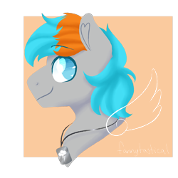 Size: 3000x3000 | Tagged: safe, artist:fannytastical, oc, oc only, oc:shade flash, pegasus, colored, commission, dog tags, eyebrows, eyebrows visible through hair, facing left, heart ears, male, male oc, pegasus oc, side view, solo, stallion, stallion oc, two toned mane