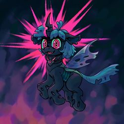 Size: 2000x2000 | Tagged: safe, artist:impamy, oc, oc only, oc:changeling filly anon, changeling, changeling queen, nymph, ahoge, alicorn amulet, changeling oc, changeling queen oc, cute, cute little fangs, digital art, fangs, female, filly, floating, foal, glowing, glowing eyes, glowing horn, halo, heart, heart eyes, horn, insect wings, mischievous, red eyes, solo, teal mane, teal tail, wingding eyes, wings