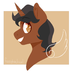 Size: 3000x3000 | Tagged: safe, artist:fannytastical, oc, oc only, oc:dloco, alicorn, alicorn oc, black mane, brown coat, colored, eyebrows, eyebrows visible through hair, facing left, grin, heart ears, horn, male, male oc, side view, smiling, solo, stallion, stallion oc, wings