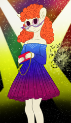 Size: 690x1200 | Tagged: safe, artist:sepiakeys, twist, earth pony, anthro, g4, clothes, dress, ear fluff, female, glasses, older, older twist, purse, smiling, solo