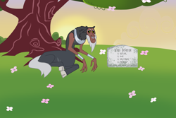 Size: 3000x2000 | Tagged: safe, artist:messy sketch, lord tirek, scorpan, centaur, g4, black, dead, flower, food, grave, gravestone, gray, green, orange, out of character, pink, red, sad eyes, sad face, sunset, tragedy, tragic, tree, yellow