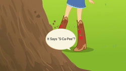 Size: 1192x670 | Tagged: safe, artist:conorlordofcreation, edit, edited screencap, editor:conorlordofcteation, screencap, applejack, human, equestria girls, g4, boots, clothes, cowboy boots, dirt mound, high heel boots, kicking, shoes, skirt, solo, speech bubble