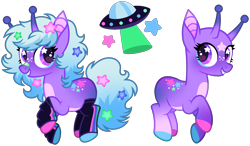 Size: 2430x1422 | Tagged: safe, artist:strawberry-spritz, oc, oc only, oc:neon nova, alien, alien pony, earth pony, pony, g4, antennae, bandaid, bandaid on nose, base used, blue mane, blue tail, clothes, coat markings, colored belly, colored hooves, colored pinnae, commission, eye markings, eyelashes, facial markings, female, freckles, gradient legs, hooves, leg warmers, long mane, long tail, mare, mismatched hooves, pale belly, purple coat, purple eyes, raised hoof, reference sheet, simple background, smiling, solo, spiky mane, spiky tail, star (coat marking), star mark, stars, tail, transparent background, two toned mane, two toned tail