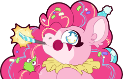 Size: 6585x4276 | Tagged: safe, artist:cutepencilcase, pinkie pie, earth pony, pony, g4, absurd resolution, bust, clown, clown makeup, cute, diapinkes, party horn, portrait, simple background, smiling, solo, transparent background