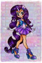 Size: 2072x3136 | Tagged: safe, artist:dariarchangel, part of a set, rarity, human, equestria girls, g4, beautiful, blue eyes, blue eyeshadow, bow, choker, clothes, cosplay, costume, crossover, cute, ear piercing, earring, element of generosity, eyeshadow, female, gem, gemstones, gloves, graceful, high heels, horn, horned humanization, human coloration, humanized, jewelry, long gloves, long hair, long legs, makeup, miniskirt, piercing, ponied up, purple hair, raribetes, sailor generosity, sailor moon (series), sailor rarity, sailor senshi, sailor uniform, shoes, skirt, smiling, solo, sparkles, thin, tiara, traditional art, uniform, woman