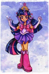 Size: 2072x3136 | Tagged: safe, artist:dariarchangel, part of a set, twilight sparkle, human, equestria girls, g4, bangs, beautiful, big crown thingy, boots, bow, choker, clothes, cloud, cosplay, costume, crossover, cute, ear piercing, earring, element of magic, female, fist, gloves, high heel boots, high heels, horn, horned humanization, human coloration, humanized, jewelry, long gloves, long hair, looking at you, miniskirt, piercing, pink shoes, ponied up, purple eyes, purple skirt, regalia, sailor magic, sailor moon (series), sailor senshi, sailor twilight, sailor uniform, shoes, skirt, smiling, smiling at you, solo, sparkles, straight hair, three toned hair, tiara, traditional art, twiabetes, uniform, woman