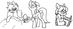 Size: 1039x421 | Tagged: safe, artist:anonymous, oc, oc only, oc:ocean light, oc:snooze button, oc:spritz, earth pony, unicorn, g4, alarm clock, bed, book, bow, bracelet, broken clock, clock, clothes, colt, dark circles, drawthread, earth pony oc, female, female oc, foal, glasses, hitting, holding a book, hoof hold, horn, implied sleep deprivation, in bed, jewelry, lineart, male, male oc, mare, monochrome, nerd pony, raised hoof, reading, requested art, scarf, simple background, sitting, standing, tail, tail bow, unicorn oc, white background