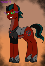 Size: 2264x3276 | Tagged: safe, artist:hayley566, hitch trailblazer, earth pony, pony, g5, alternate hairstyle, armor, evil smile, grin, hoof shoes, jewelry, male, markings, nightmare hitch, nightmarified, regalia, smiling, solo, sombra eyes, stallion