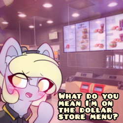 Size: 4096x4096 | Tagged: safe, artist:sodapop sprays, part of a set, derpy hooves, pegasus, pony, series:derpy can't catch a break, g4, blushing, chest fluff, clothes, ear fluff, eye clipping through hair, fast food, female, food, freckles, looking at you, mare, mcdonald's, meme, solo, text