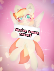 Size: 4096x5460 | Tagged: safe, artist:sodapop sprays, oc, oc only, oc:sodapop sprays, pegasus, pony, eye clipping through hair, flying, holding sign, looking at you, motivation, motivational, motivational poster, smiling, smiling at you, solo, spread wings, uplifting, wings