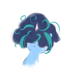 Size: 2048x2048 | Tagged: safe, artist:dulldi, misty brightdawn, pony, unicorn, g5, bust, curly hair, curly mane, cute, female, hair covering face, horn, mare, mistybetes, scrunchy face, simple background, solo, white background