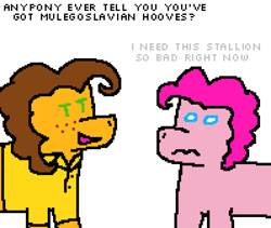 Size: 1990x1680 | Tagged: safe, artist:44nifty, cheese sandwich, pinkie pie, earth pony, pony, g4, bedroom eyes, digital art, female, flirting, freckles, male, pixel art, ship:cheesepie, shipping, simple background, song reference, straight, voice actor joke, wanna b ur lovr, weird al yankovic, white background