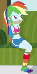 Size: 2000x3944 | Tagged: safe, artist:nie-martw-sie-o-mnie, part of a set, rainbow dash, human, equestria girls, g4, belly, belly button, bondage, bound and gagged, cloth gag, clothes, couch, dashsub, feet, femsub, gag, hands behind back, rainbow socks, rope, rope bondage, shorts, sitting, socks, solo, sports bra, stocking feet, striped socks, submissive, tied up