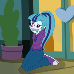 Size: 2000x2000 | Tagged: safe, artist:nie-martw-sie-o-mnie, part of a set, sonata dusk, human, equestria girls, g4, arm behind back, clothes, converse, denim, gag, hands behind back, hoodie, jeans, kneeling, pants, ponytail, shoes, solo, tape, tape gag