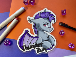 Size: 3544x2665 | Tagged: safe, artist:emberslament, oc, oc only, oc:thunder run, bat pony, pony, badge, bat pony oc, chest fluff, fangs, male, photo, scar, solo, stallion, traditional art, unshorn fetlocks