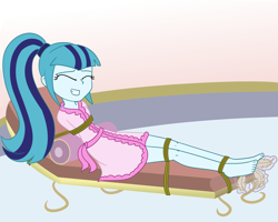 Size: 2500x2000 | Tagged: safe, artist:nie-martw-sie-o-mnie, part of a set, sonata dusk, human, equestria girls, g4, bathrobe, bondage, clothes, eyes closed, feather, feet, foot tickling, robe, rope, rope bondage, solo, spa, tickling, tied down