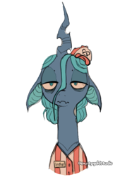 Size: 575x767 | Tagged: safe, artist:emptygoldstudio, queen chrysalis, changeling, changeling queen, g4, alternate design, alternate universe, bust, clothes, female, floppy ears, frown, hat, lidded eyes, signature, simple background, solo, uniform, white background