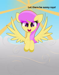 Size: 3000x3800 | Tagged: safe, artist:scandianon, sunny rays, pegasus, pony, g4, cloud, colored hooves, feathered wings, female, happy, hooves, looking at you, mare, open mouth, open smile, outdoors, pegasus wings, smiling, solo, spread wings, sun, talking, talking to viewer, wings