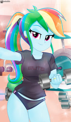 Size: 576x986 | Tagged: safe, artist:charliexe, rainbow dash, human, equestria girls, g4, 2d, bangs, bedroom eyes, breasts, clothes, dumbbell (object), ear piercing, earring, female, gym, hairband, indoors, jewelry, legs, lidded eyes, looking at you, multicolored hair, piercing, ponytail, rainbow hair, shirt, short sleeves, sideburns, smiling, smiling at you, smirk, solo, sports panties, thighs, weights