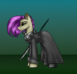 Size: 2800x2700 | Tagged: safe, artist:darklight1315, oc, oc only, oc:melony trust, earth pony, pony, fallout equestria, blade, clothes, concept art, fallout equestria: mayday, shirt, solo, trenchcoat