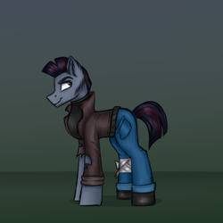 Size: 3000x3000 | Tagged: safe, artist:darklight1315, oc, oc only, oc:striker, earth pony, pony, fallout equestria, bandage, boots, clothes, concept art, denim, fallout equestria: mayday, jacket, jeans, leather, leather jacket, pants, shoes, sideburns, solo, turtleneck