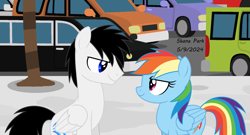 Size: 2233x1210 | Tagged: safe, artist:creedyboy124, rainbow dash, oc, oc:shane park, pegasus, pony, g4, base used, canon, car, duo, duo male and female, female, male, mare, pegasus oc, sidewalk, stallion, wings