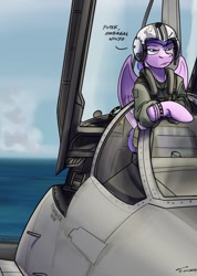 Size: 642x900 | Tagged: safe, artist:buckweiser, oc, oc only, oc:plumeria petal, pegasus, pony, f-14 tomcat, female, fighter pilot, fighter plane, helmet, jet, jet fighter, jet plane, mare, ocean, solo, text, water