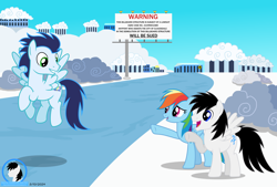 Size: 10000x6774 | Tagged: safe, artist:creedyboy124, rainbow dash, soarin', oc, oc:shane park, pegasus, pony, g4, base used, billboard, building, canon, cloudsdale, female, flying, male, mare, pegasus oc, stallion, stallion oc, trio, vector used, wings