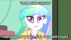 Size: 1065x600 | Tagged: safe, edit, edited screencap, editor:twi clown, screencap, princess celestia, principal celestia, human, equestria girls, g4, my little pony equestria girls: summertime shorts, subs rock, caption, eye twitch, image macro, impact font, meme, snaplestia, solo, text