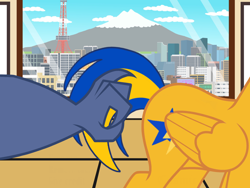 Size: 2048x1536 | Tagged: safe, artist:mlpfan3991, artist:ry-bluepony1, iron will, oc, oc:flare spark, pegasus, g4, city, duo, duo male and female, female, fillip, finger flick, flank, japan, male, tokyo, window