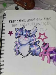 Size: 1500x2000 | Tagged: safe, artist:kreeeeeez, twilight sparkle, alicorn, pony, g4, brushable, figurine, guitar, musical instrument, notebook, stars, toy, traditional art, twilight sparkle (alicorn)