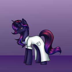 Size: 3000x3000 | Tagged: safe, artist:darklight1315, oc, oc only, oc:daydream, cyborg, cyborg pony, pony, unicorn, fallout equestria, augmentation, augmented, clothes, concept art, fallout equestria: mayday, horn, implants, lab coat, solo, true form