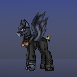 Size: 3000x3000 | Tagged: safe, artist:darklight1315, oc, oc only, oc:sluggish rain, pegasus, pony, fallout equestria, aviator goggles, balaclava, boots, clothes, concept art, fallout equestria: mayday, gloves, goggles, jacket, pants, rainbow tail, shoes, solo, spread wings, tail, turtleneck, wings