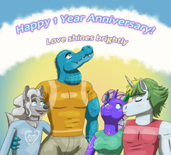 Size: 2700x2455 | Tagged: safe, artist:azurllinate, oc, oc only, oc:azrael (tertia), oc:nathile tiduna, oc:ocelia, oc:sol_bright, changedling, changeling, original species, unicorn, wolf, anthro, anniversary, anthro oc, arm around back, blonde hair, blue body, blue eyes, blushing, changeling oc, cheek kiss, claws, clothes, couples, demisexual, english, eyes closed, fangs, green hair, grey fur, horn, interspecies, kissing, larger male, long hair, long tail, looking up, love, male, no pupils, oc x oc, pecs, pockets, purple mane, shipping, shirt, shorts, size difference, smaller female, smaller male, species:azurlligator, t-shirt, tail, tank top, text, two toned hair, wavy hair, white fur, white hair