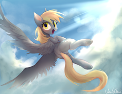 Size: 1714x1315 | Tagged: safe, artist:unclechai, derpy hooves, pegasus, pony, g4, background pony, bubble butt, butt, cloud, crepuscular rays, cute, ear fluff, featured image, female, flying, mare, open mouth, open smile, plot, signature, sky, smiling, solo, spread wings, wings