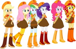 Size: 736x476 | Tagged: artist needed, source needed, safe, applejack, fluttershy, pinkie pie, rainbow dash, rarity, sunset shimmer, twilight sparkle, human, equestria girls, g4, boots, clothes, cowboy boots, cowboy hat, fireside girls, hat, high heel boots, jacket, mane six, phineas and ferb, scout, scout uniform, shirt, shoes, simple background, skirt, socks, solo, vest, white background