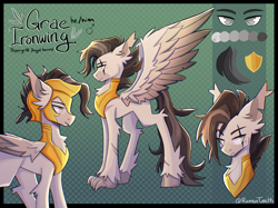 Size: 2732x2048 | Tagged: safe, artist:ramenteeth, oc, oc only, oc:grae ironwing, hippogriff, black mane, concave belly, eye scar, facial scar, gradient background, gray coat, patterned background, reference sheet, royal guard, scar, solo, thin