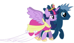 Size: 1000x582 | Tagged: safe, edit, vector edit, star hunter, twilight sparkle, alicorn, pegasus, pony, g4, big crown thingy, clothes, coronation dress, dress, duo, duo male and female, element of magic, female, jewelry, male, mare, regalia, shipping, simple background, sparklehunter, spread wings, stallion, straight, transparent background, twihunter, twilight sparkle (alicorn), vector, walking, wings