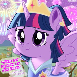 Size: 1980x1986 | Tagged: safe, artist:codenamekid, twilight sparkle, alicorn, pony, g4, the last problem, balcony, clothes, coronation dress, crown, digital art, dress, evening, female, fireworks, gown, highlights, horn, jewelry, looking at you, mare, ponyville, regal, regalia, second coronation dress, shading, smiling, smiling at you, solo, spread wings, stars, text, twilight sparkle (alicorn), wings