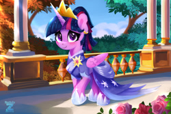 Size: 2400x1600 | Tagged: safe, artist:darksly, twilight sparkle, alicorn, pony, g4, the last problem, blushing, clothes, coronation dress, crown, cute, dress, elegant, female, folded wings, gown, hoof shoes, horn, jewelry, mare, outdoors, princess shoes, raised hoof, regal, regalia, second coronation dress, smiling, solo, sparkles, tree, twiabetes, twilight sparkle (alicorn), walking, wings