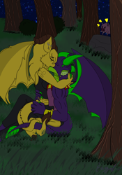 Size: 1836x2627 | Tagged: safe, artist:lullabyjak, spike, oc, oc:rachel, dragon, pig, clothes, forest, kissing, nature, tree